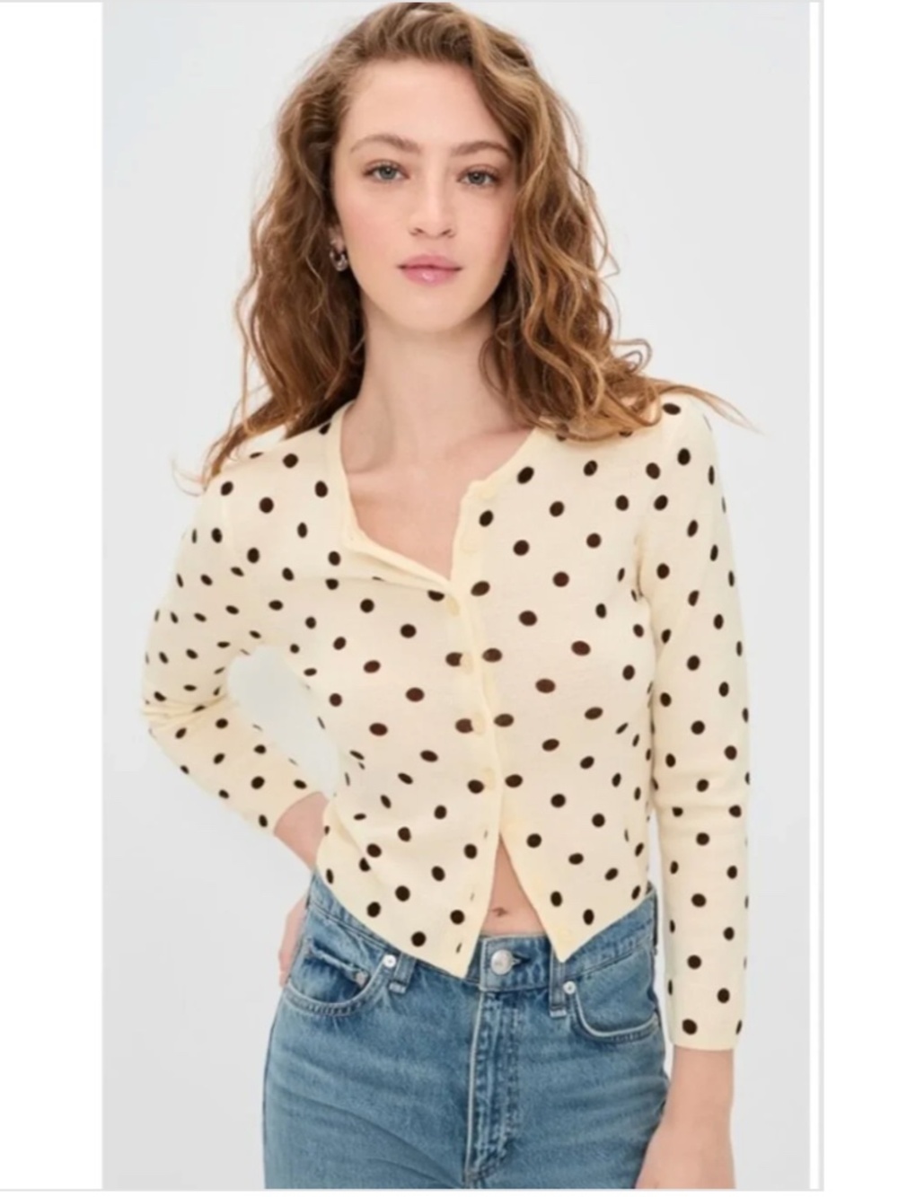 Reformation Bernadette Crew Cardigan Brownie Polka Dot